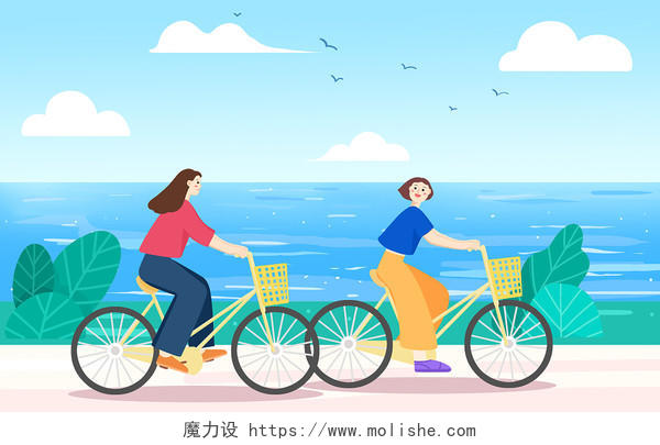 海边骑自行车和朋友游玩扁平自行车插画自行车骑自行车
